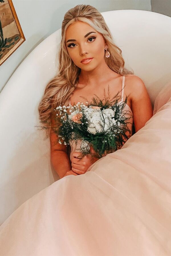 Bow Back Pink A-line Empire-Waist Sleeveless Tulle Long Prom Dress Modsele Bow Back Pink A-line Empire-Waist Sleeveless Tulle Long Prom Dress Modsele