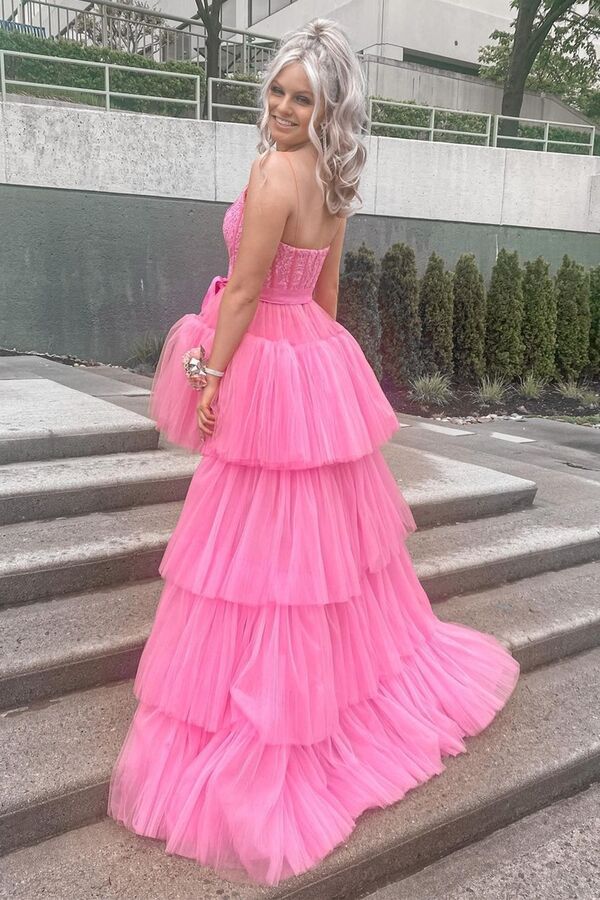 High Low Hot Pink Straps Prom Dress