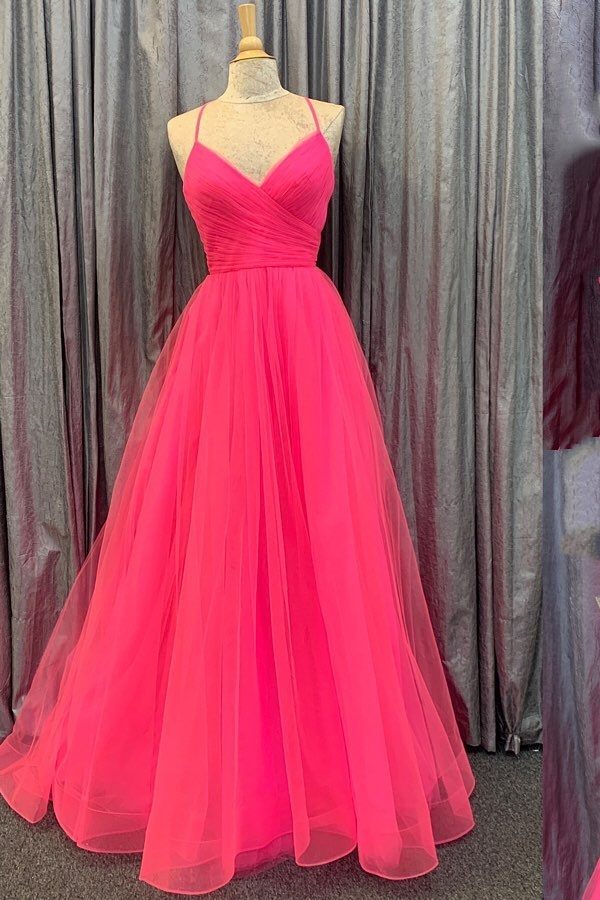 Hot Pink V-Neck Lace-Up Back Pleated A-line Tulle Empire-Waist Long Pr Modsele Hot Pink V-Neck Lace-Up Back Pleated A-line Tulle Empire-Waist Long Pr Modsele