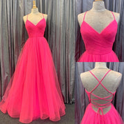 Hot Pink Lace-Up Back Pleated A-line Long Prom Dress