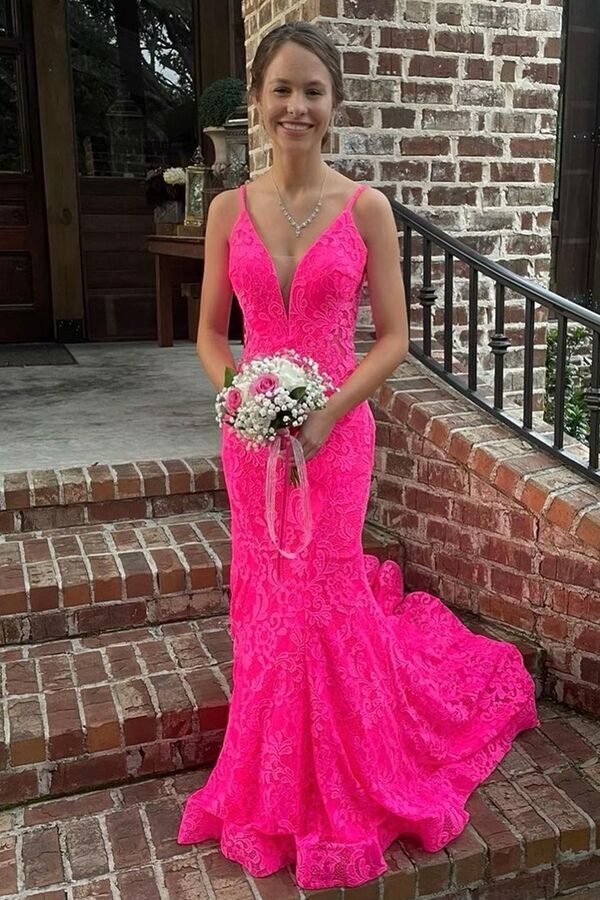 Trumpet Hot Pink V-Neck Lace Backless Sleeveless Long Prom Dress