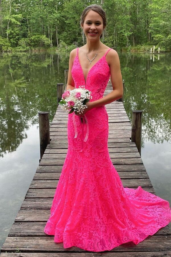 Trumpet Hot Pink V-Neck Lace Backless Sleeveless Long Prom Dress