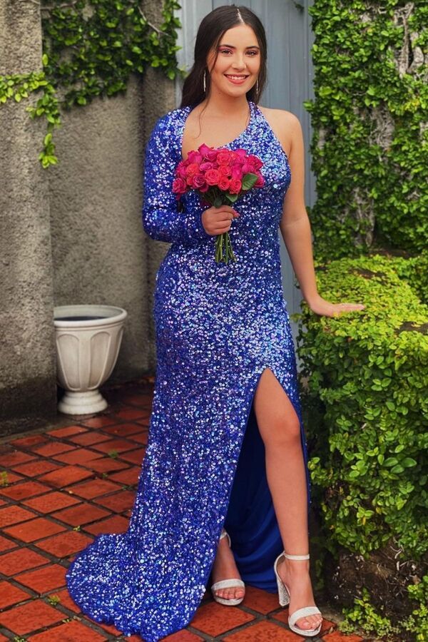 Unique One Long Sleeves Indigo Sequins Long Prom Dress