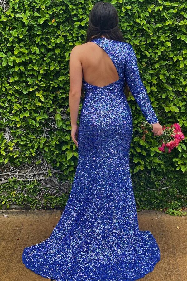 Unique One Long Sleeves Indigo Sequins Long Prom Dress