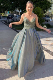 A-line Blue Straps Appliques Long Prom Dress