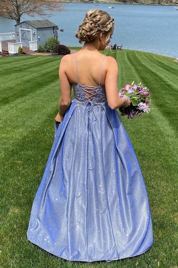 A-line Blue Straps Appliques Long Prom Dress