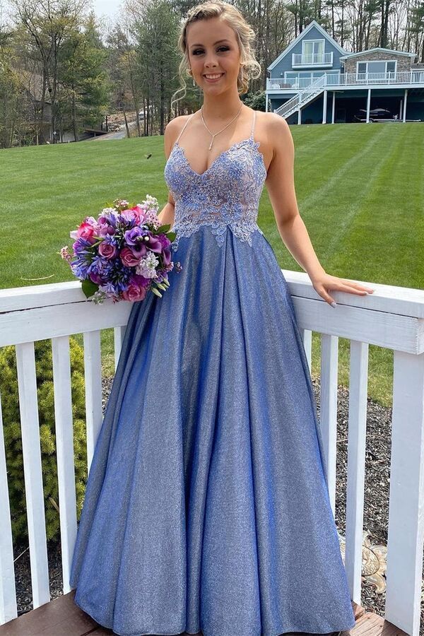 A-line Spaghetti Straps Empire-Waist Appliques Pleated Long Prom Dress –  Modsele