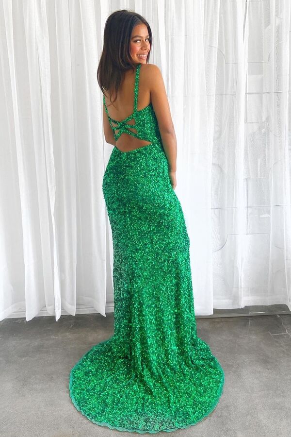 Green Glitters Mermaid Long Formal Dress with Slit