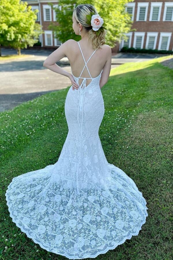 Mermaid White Lace Long Formal Dress