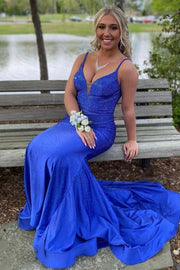 Beaded Royal Blue Mermaid Long Prom Dress