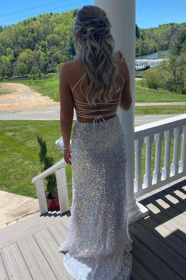 Mermaid White Sequins Long Prom Dress with Slit