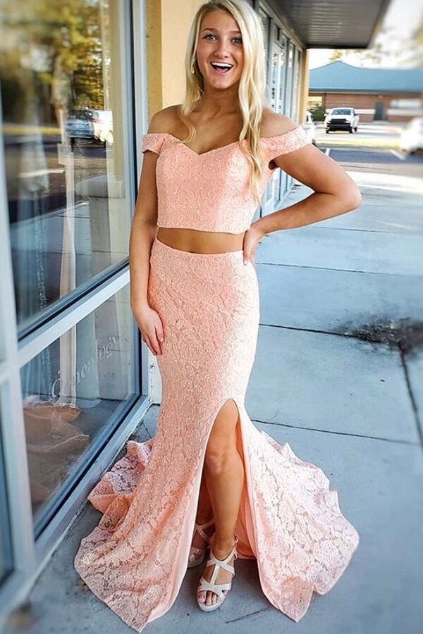 Two Piece Pink Lace Mermaid Long Prom Gown