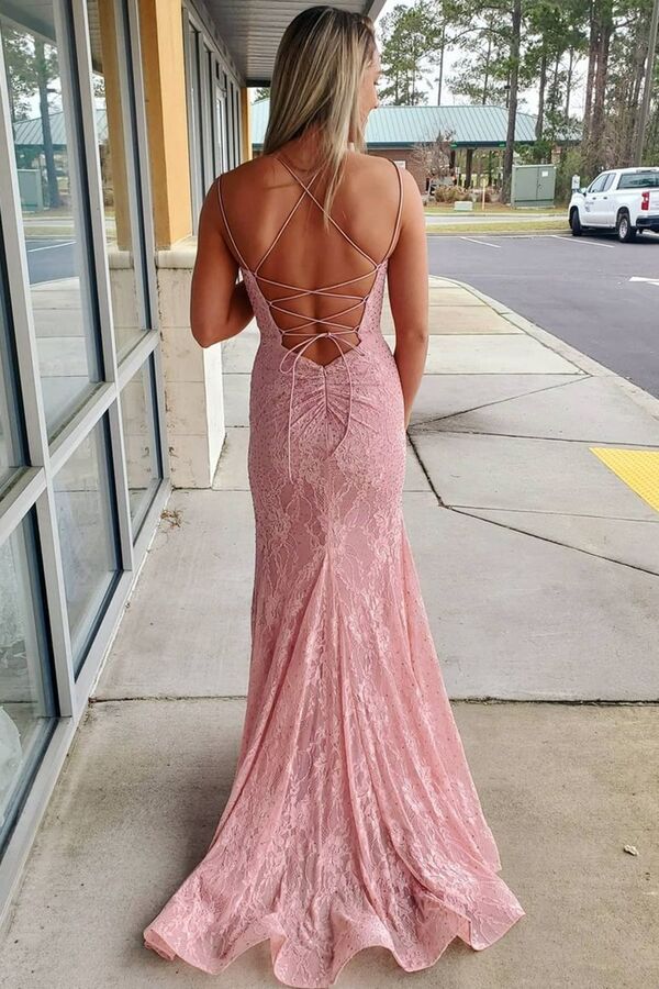 Mermaid Pink Lace Long Formal Dress with Lace Up Back