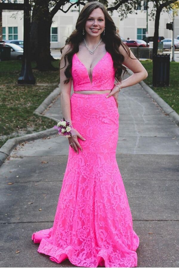 Two Piece Hot Pink Lace Mermaid Long Formal Dress