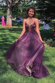 Purple A-line Tulle and Appliques Long Formal Dress