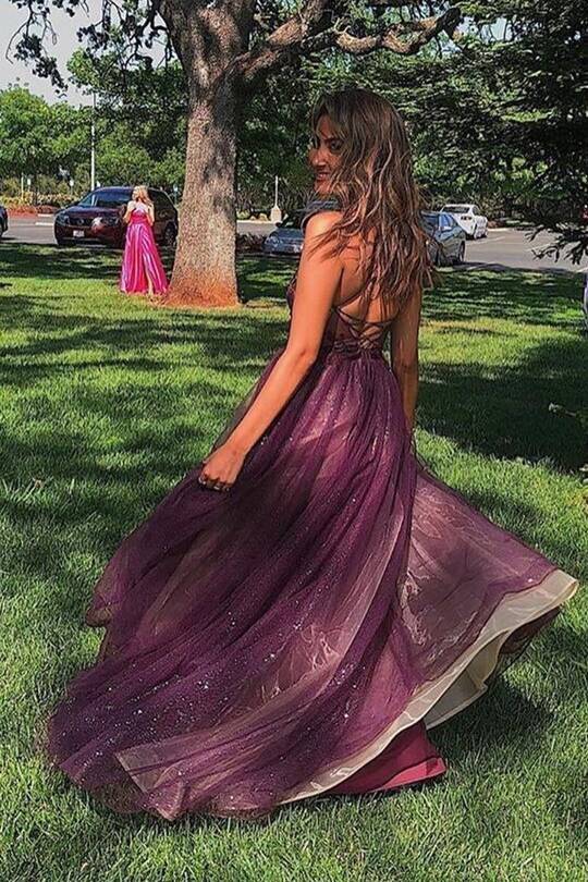 Purple A-line Tulle and Appliques Long Formal Dress