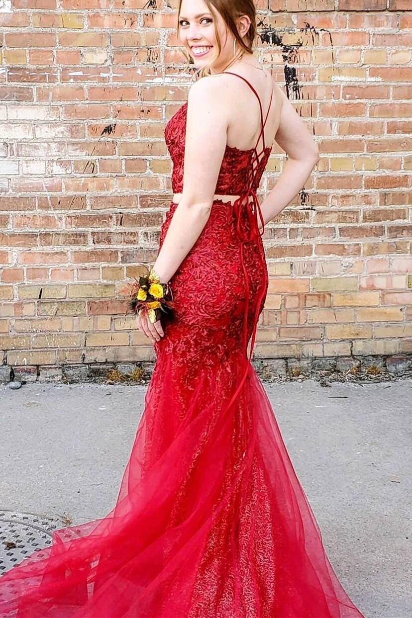 Two Piece Red Mermaid Long Formal Dress