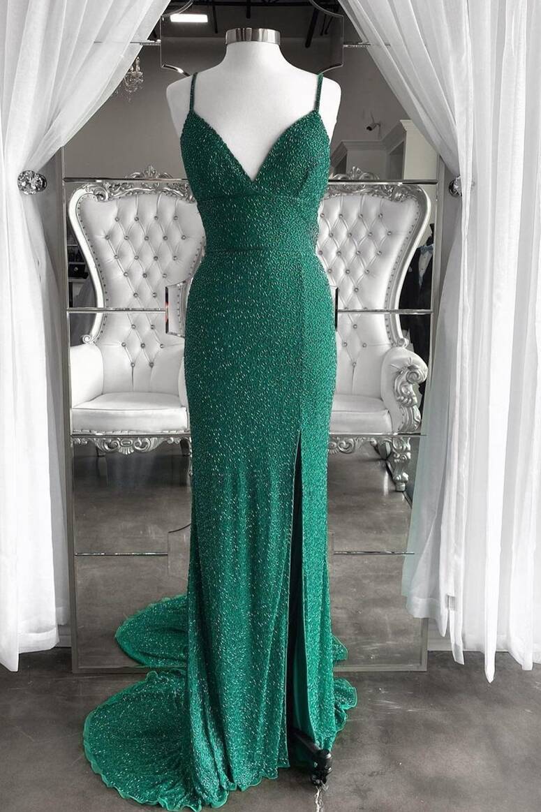 Flattering Emerald Green Slit Long Formal Dress