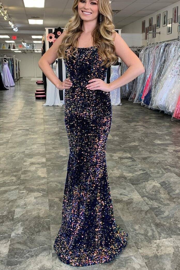 Glitter Mermaid Dark Navy Sequins Long Formal Dress