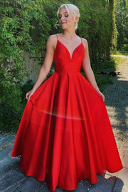 Simple Red A-line V-Neck Long Prom Dress