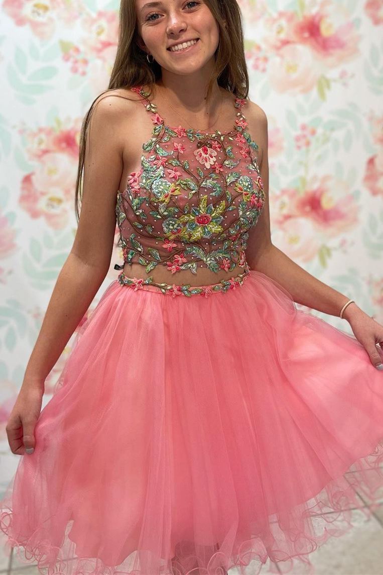 Two Piece Pink Floral Embroidery Short Homecoming Dress