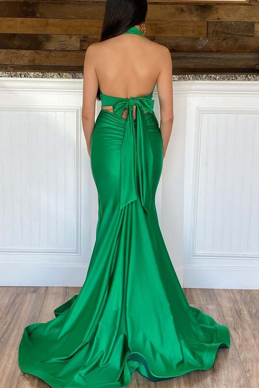 Two Piece Green Mermaid Halter Long Prom Dress