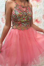 Two Piece Pink Floral Embroidery Short Homecoming Dress