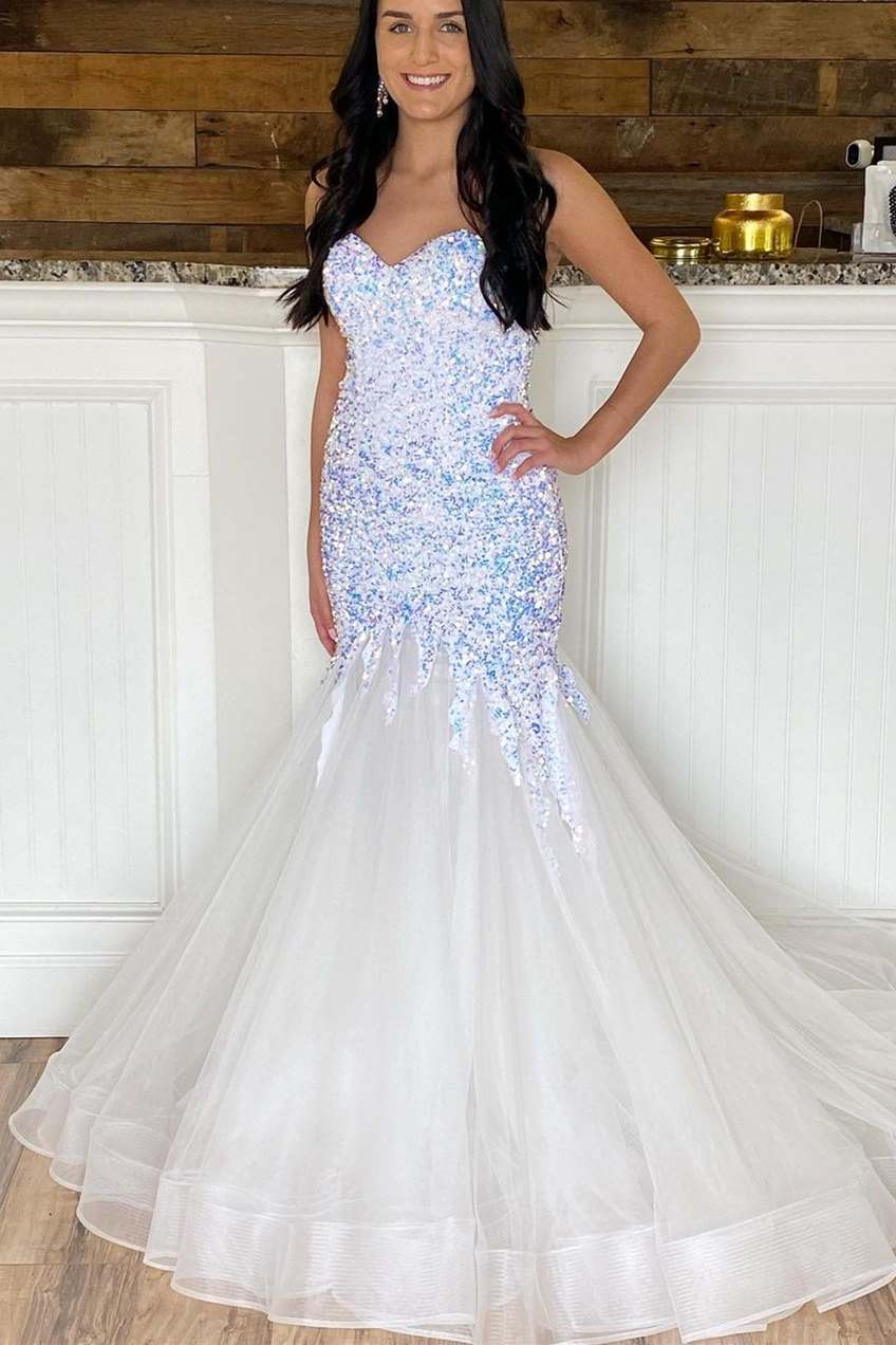 Sweetheart White Sequins Trumpet Long Formal Dress