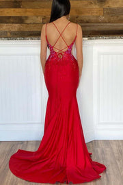 Red Mermaid Beaded Long Formal Dress with Slit