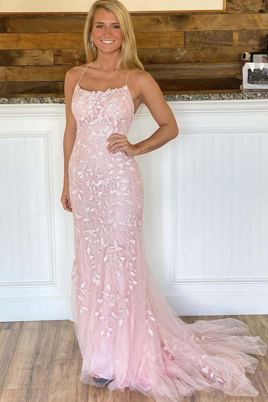 Pink Appliques Mermaid Long Prom Dress