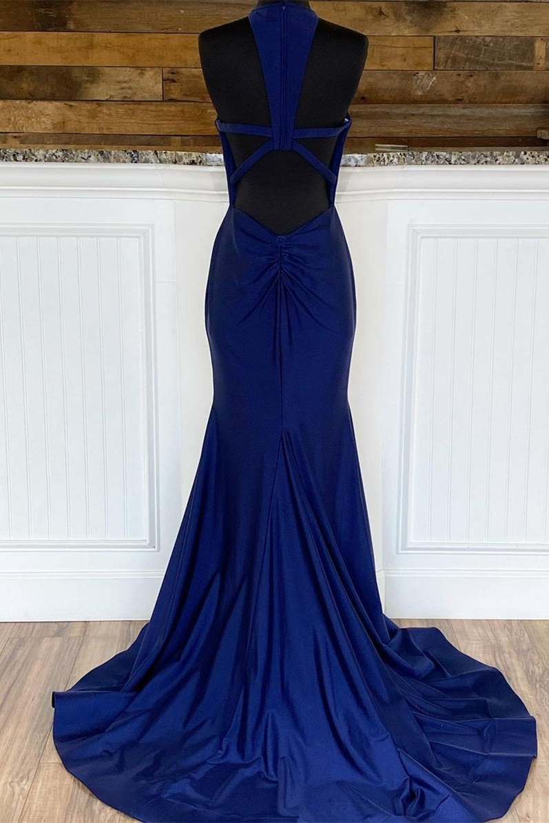 Simple Navy Blue Mermaid Long Formal Dress