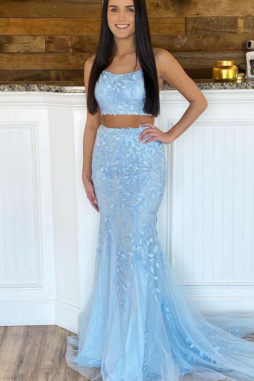 Two Piece Light Blue Mermaid Appliques Prom Dress