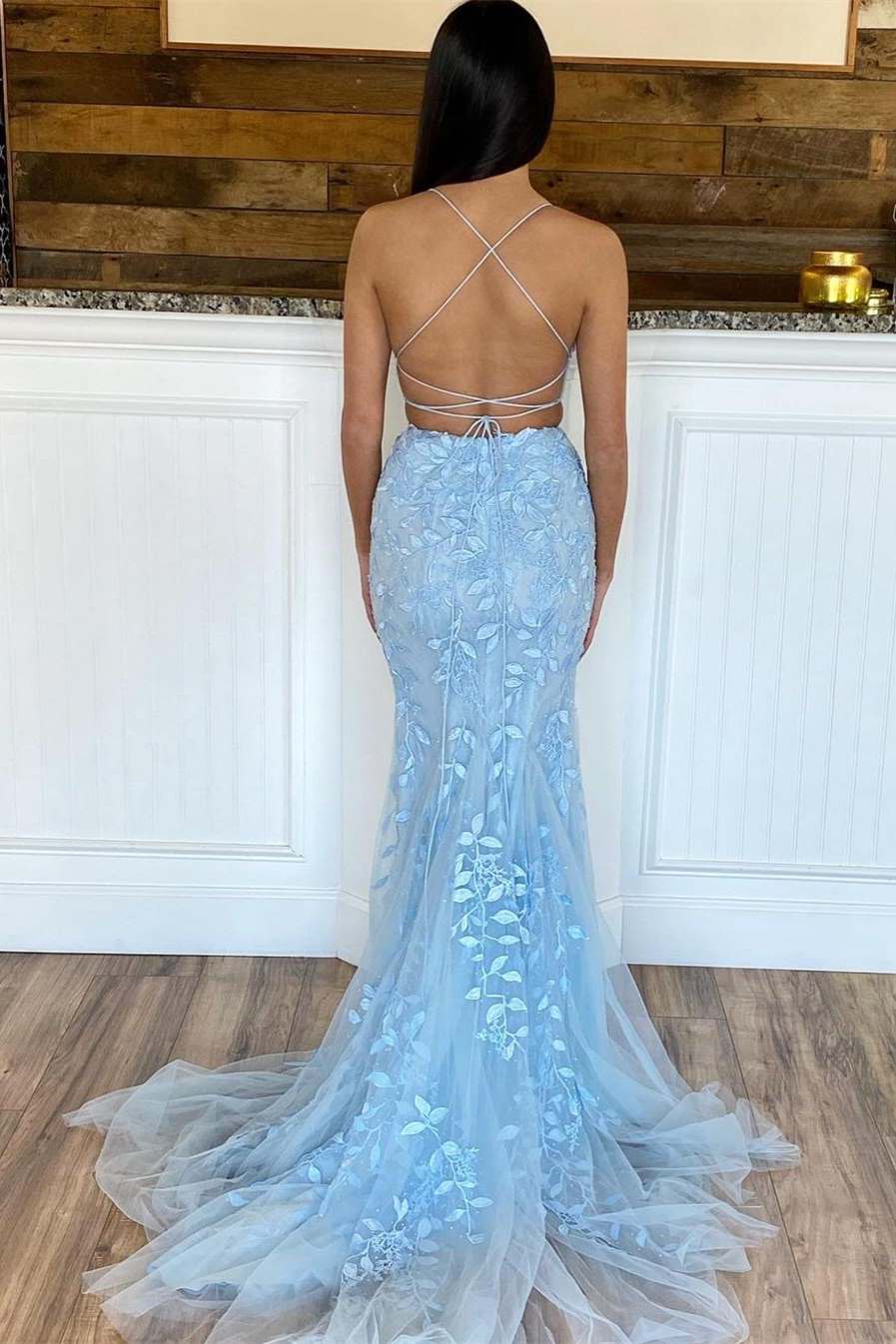 Two Piece Light Blue Mermaid Appliques Prom Dress