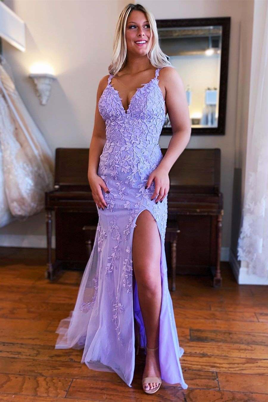 Lavender Mermaid Lace Appliques Prom Dress with Slit