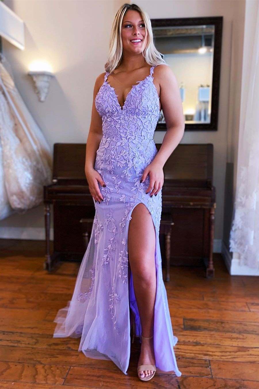 lavender prom dress with slit One Shoulder Lilac Sleeveless Long Prom Dress with High Slit