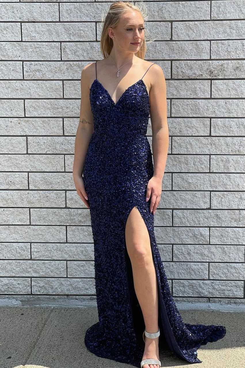 chinese dress ladies Navy Blue V-Neck Spaghetti Straps Sequins Mermaid Long Prom Dress with –  Modsele