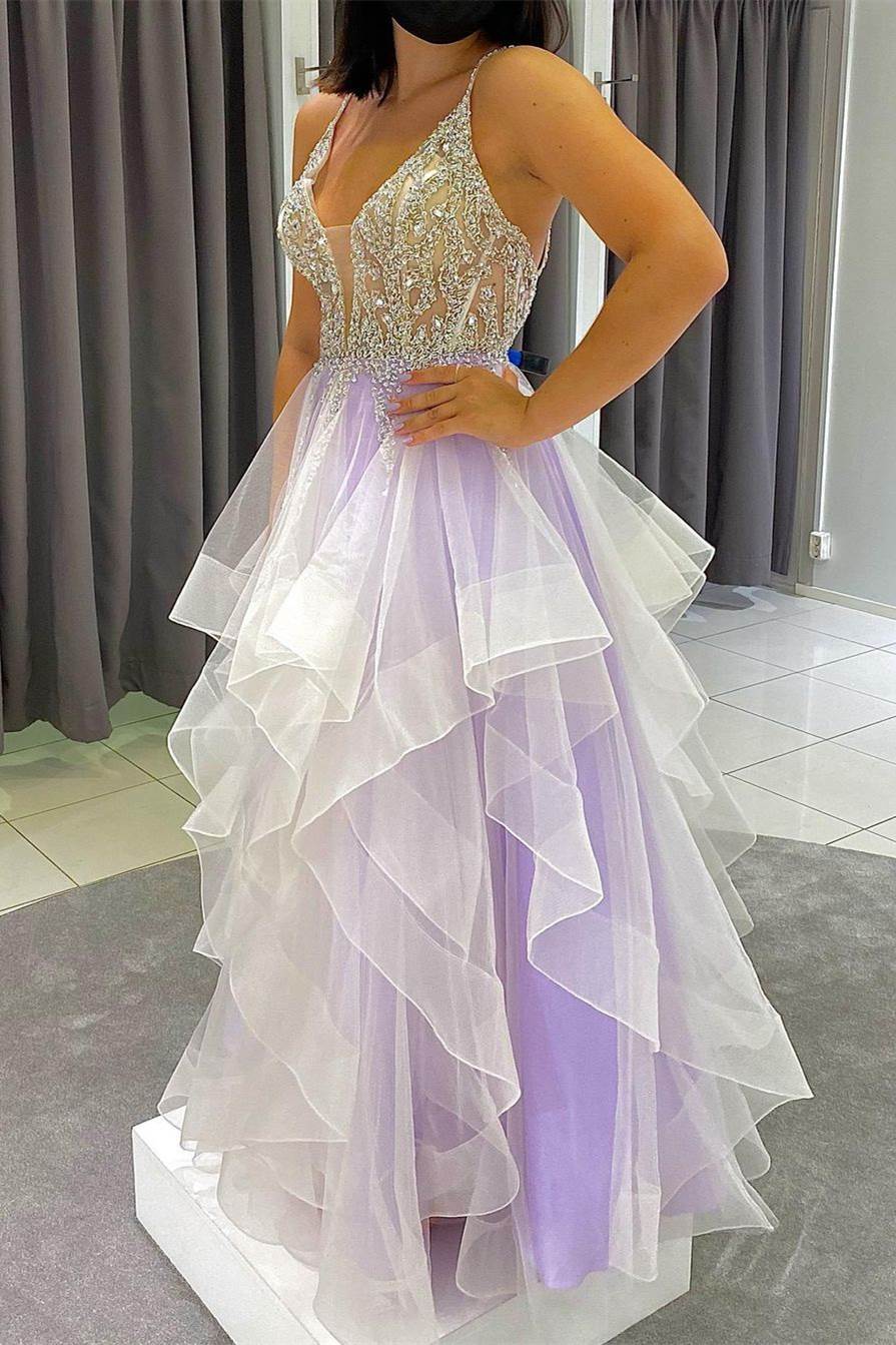 Gorgeous Beaded Lavender Layers Long Formal Dress