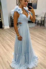 Light Blue A-line Chiffon Long Formal Dress with Slit