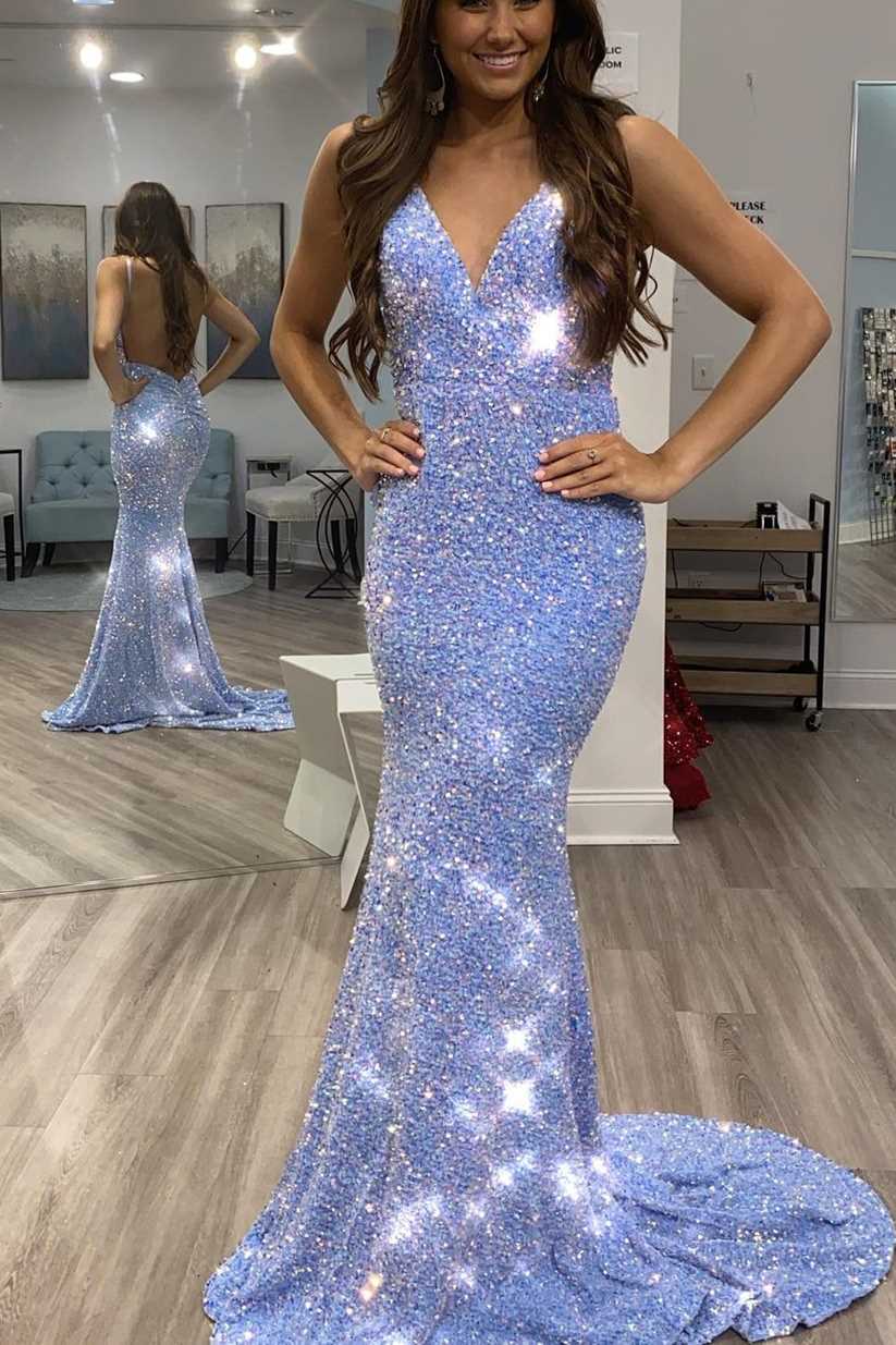 Shiny Blue V-Neck Sequins Mermaid Sleeveless Long Formal Prom Dress   Modsele