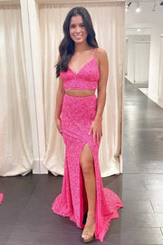 Two Piece Hot Pink Sequins Long Prom Dress