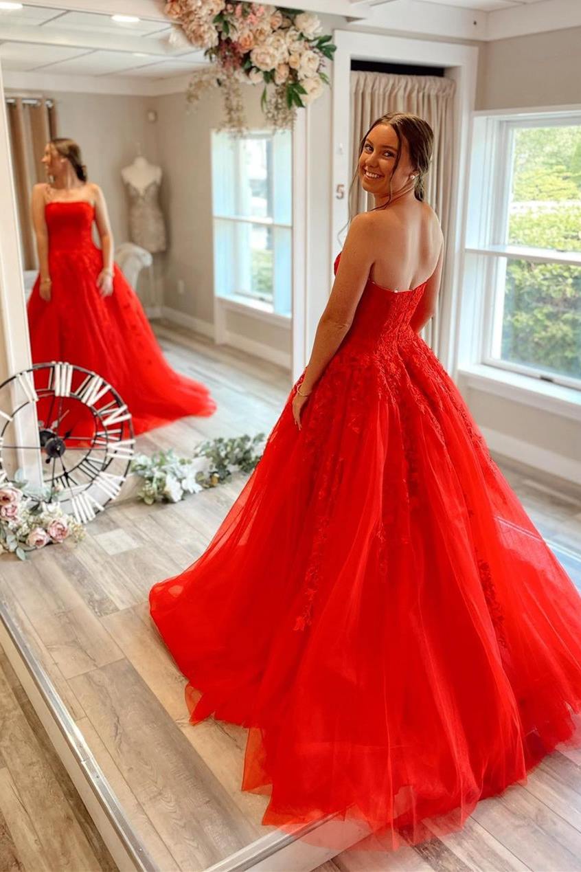 A-Line Strapless Red Lace Appliques Empire-Waist Sleeveless Long Forma Modsele A-Line Strapless Red Lace Appliques Empire-Waist Sleeveless Long Forma Modsele