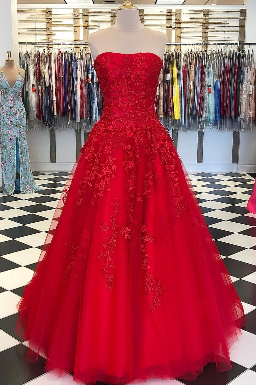 A-Line Strapless Red Lace Appliques Empire-Waist Sleeveless Long Forma Modsele A-Line Strapless Red Lace Appliques Empire-Waist Sleeveless Long Forma Modsele