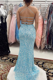 Mermaid Blue Sequins Long Formal Dress with Lace Up Back
