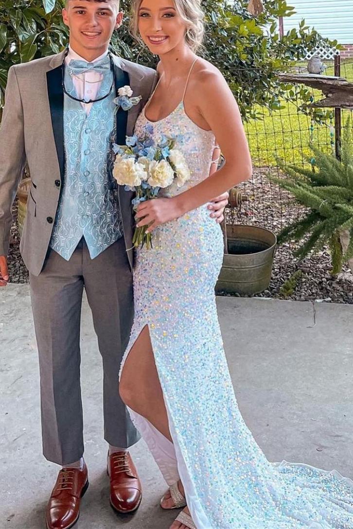 Mermaid Blue Sequins Long Formal Dress with Lace Up Back