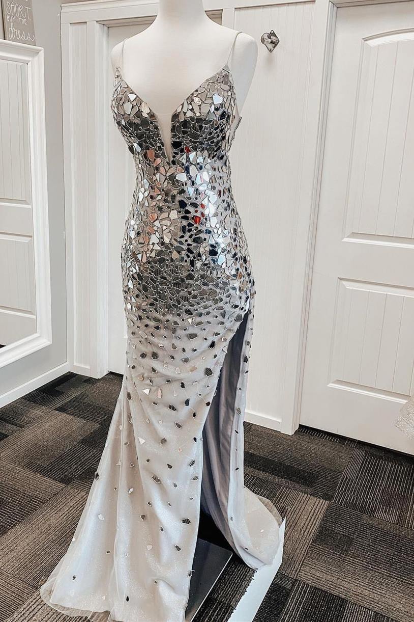 silver mirror ball dress Wedtrend Women Sparkly Silver Prom Dress Mermaid Cut Out One Shoulder Mirror Long Evening Dress, Silver / US4