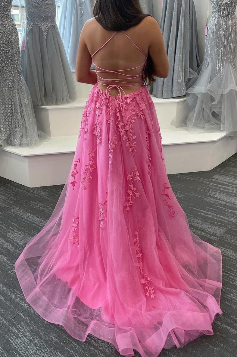 A-Line Hot Pink Lace Long Formal Dress with Lace-Up Back