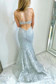 Silver Lace Appliques Mermaid Long Formal Dress