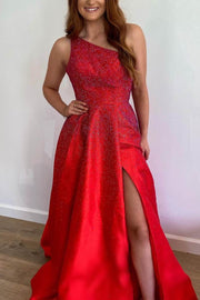 One Shoulder Red Beaded Long Formal Dress