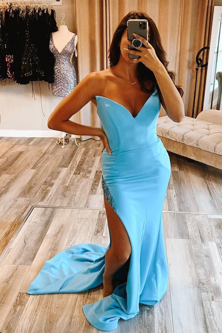 Sexy Mermaid Blue Long Formal Dress with Slit