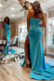 Sexy Mermaid Blue Long Formal Dress with Slit